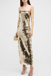 Glitzerndes, figurbetontes Cocktail-Midikleid mit quadratischem Ausschnitt und Spaghettiträgern und Pailletten - Gold
